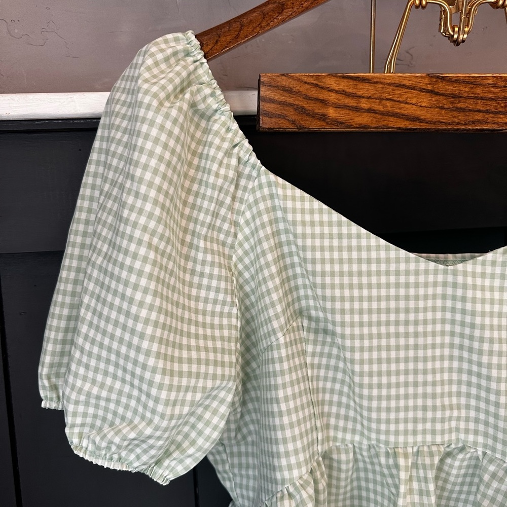 SHEIN Light Green‎ White Gingham Puff Sleeve Blouse size Large - Picture 3 of 10